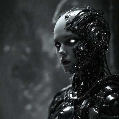 The primary subject of the image is a woman with a futuristic, robotic appearance. She is wearing a metallic outfit and has a mechanical head, giving her a cyborg-like look. The setting is a dark room, which adds to the overall mood of the image. The visual style is a combination of photography and digital art, creating a unique and intriguing scene. The colors in the image are predominantly dark, with the metallic outfit and mechanical head being the main focus,